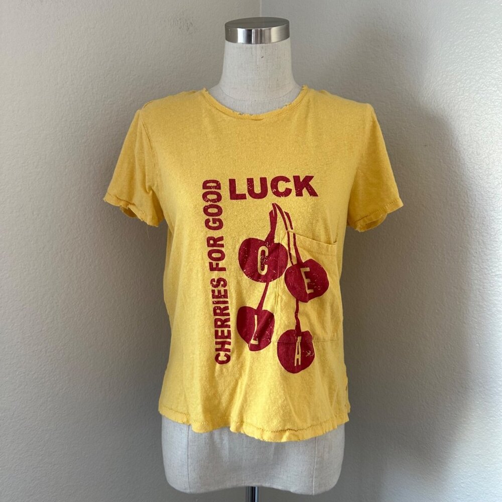 Current Elliott The Drop Pocket Shirt Short Sleeve Cherry Graphic Distressed Lin